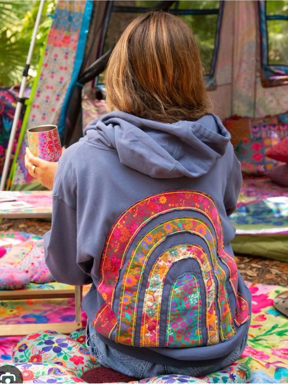 Natural Life Blue Hoodie with Colorful Rainbow Applique